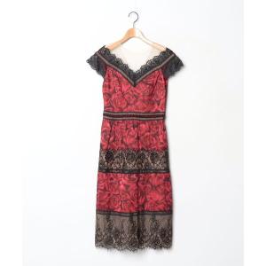 「Tadashi Shoji  」 レース半袖ワンピース 0 レッド レディース