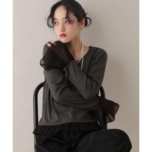 tシャツ 袖チュールレイヤードリブロンT レディース