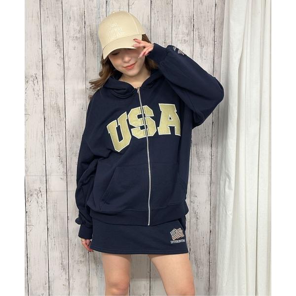 パーカー 「USAロゴ×星条旗袖刺繍」裏毛ZIPパーカー／秋冬春 セットアップ可 レディース