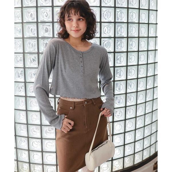 tシャツ コンパクトヘンリーネックロングスリーブトップス レディース