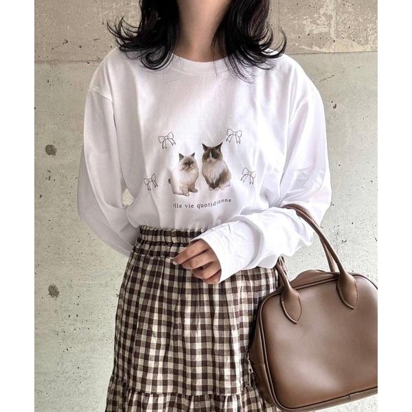 tシャツ リボン×ねこプリントロンT／長袖Tシャツ レディース