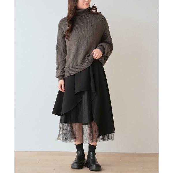 スカート レーシー格子柄プリーツ ラッフル異素材切替スカート