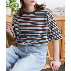 tシャツ 配色マルチボーダー オーバーサイズ 半袖Tシャツ レディース