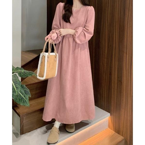 ワンピース クルーネックパフスリーブパッチワークコーデュロイワンピース