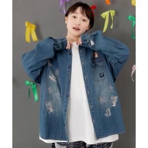 ブラウス シャツ 353141：ラビルとネコのスノーメモリー刺繍デニムシャツ レディース メンズ
