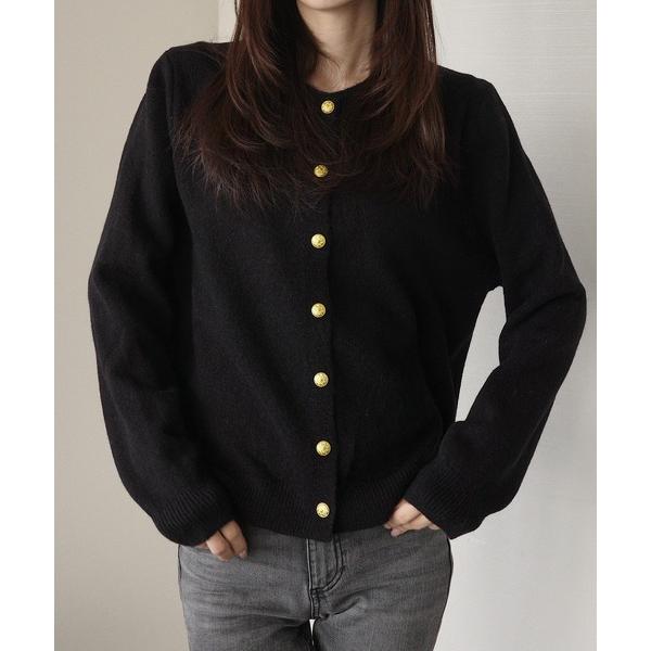 カーディガン ゴールドボタン クルーネックニットカーディガン レディース