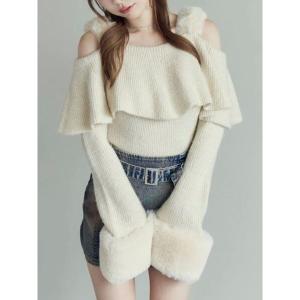ニット セーター フェイクファーストラップオフショルダーリブニット レディース