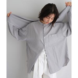 ブラウス シャツ レーヨンストライプバンドカラー長袖シャツ レディース メンズ