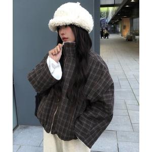 コート アウター チェック柄ハイネックボアジャンパー レディース