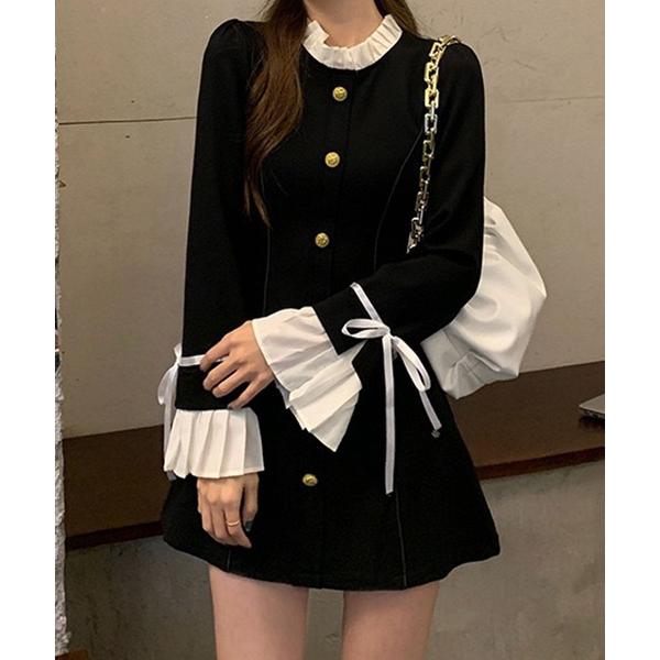 ワンピース フリルネック ゴールドボタン クラシカルミニワンピース / 韓国 ガーリー