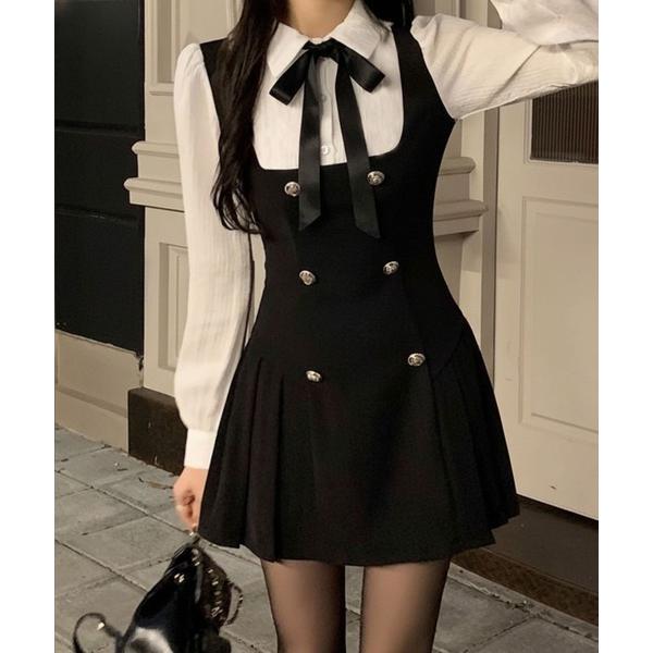 ワンピース リボン付き フェイクレイヤード ミニワンピース / 韓国 ガーリー