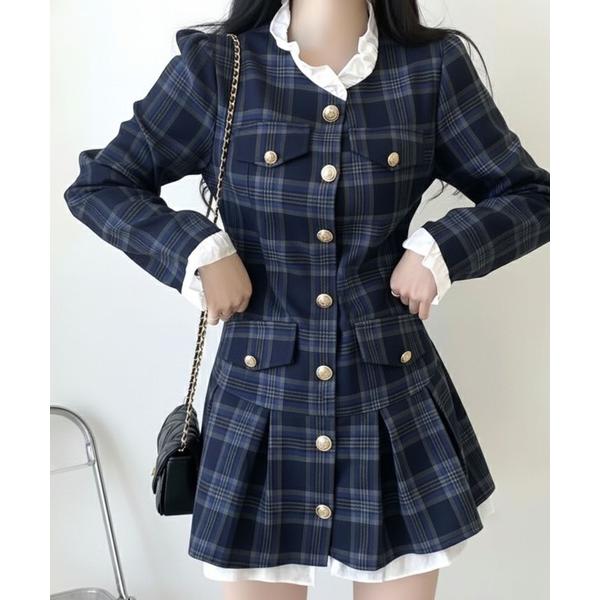 ワンピース チェック柄 ゴールドボタン ミニワンピース / 韓国 ガーリー サブカル 地雷系