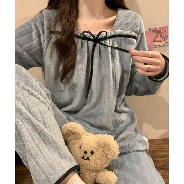 パジャマ ルームウェア フロントリボン リブフリース ルームウェア セットアップ レディース