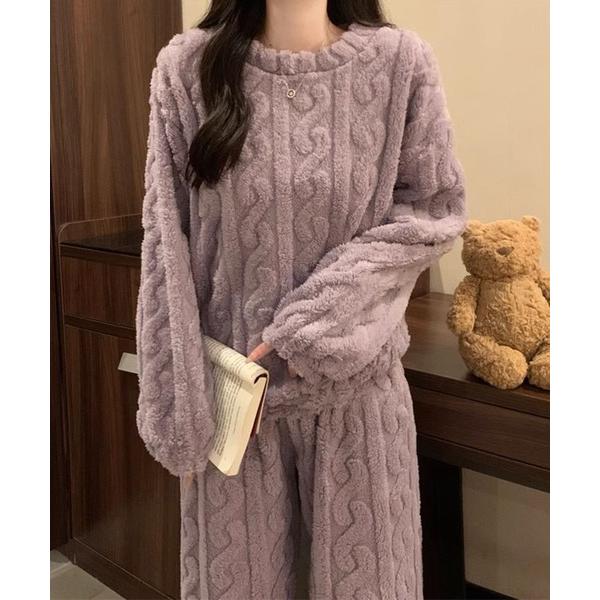 パジャマ ルームウェア ケーブルボア もこもこニット風 ルームウェアセットアップ レディース