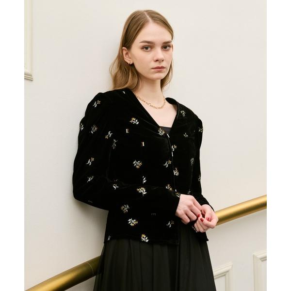 tシャツ フラワーモチーフベルベットパフショルダージャケット レディース