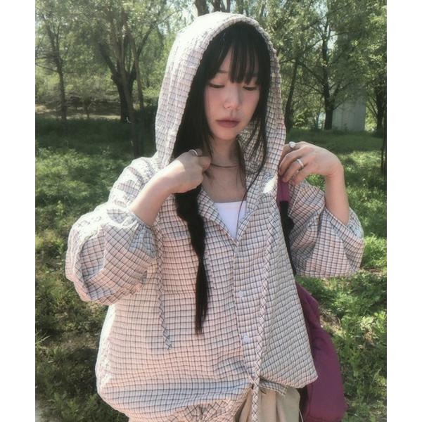 パーカー WEGO/「薄手・羽織り」チェックフードシャツパーカー/トップス レディース