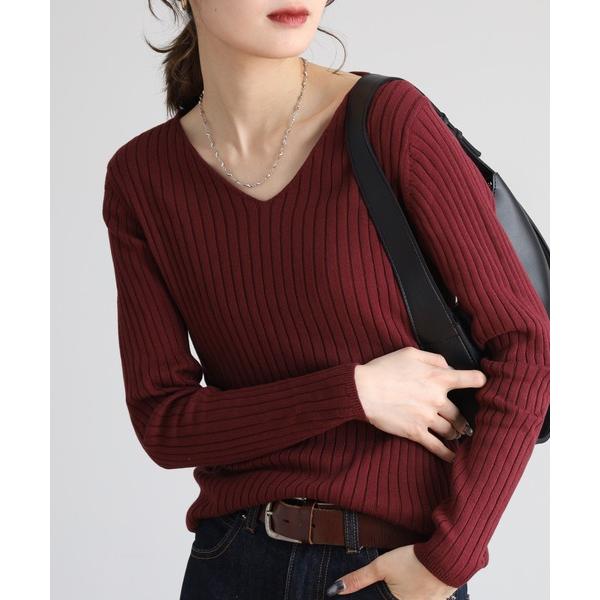ニット セーター Vネック コットンリブ 長袖ニット レディース