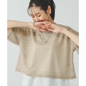 「GLOBAL WORK」 半袖カットソー LARGE ベージュ×ブラック レディース