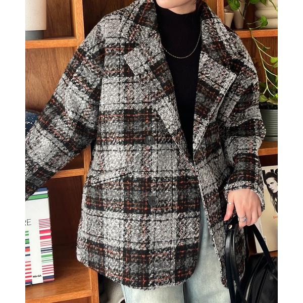 ジャケット テーラードジャケット ブークレチェック柄ダブルブレストジャケットコート レディース