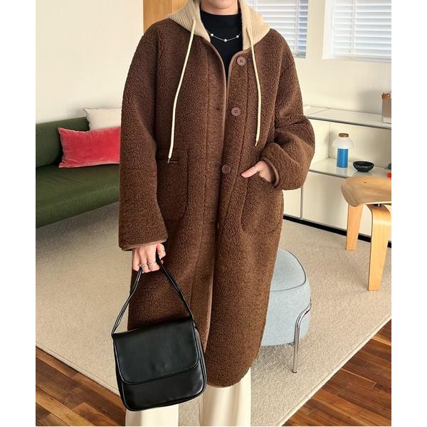 ムートンコート ボアコート フード付きボアロングコート レディース