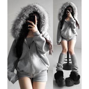 セットアップ 「 セットアップ 」裏起毛ファーフードオーバージップパーカー＆スウェットショートパンツ ／ Urakimo fur over zip hoodie ＆ sweat short …