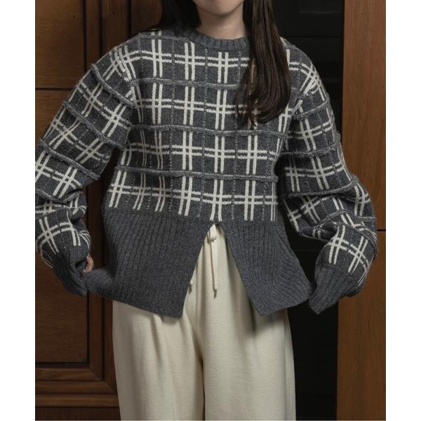 ニット セーター mix pattern bicolor check rib knit / ミックス...