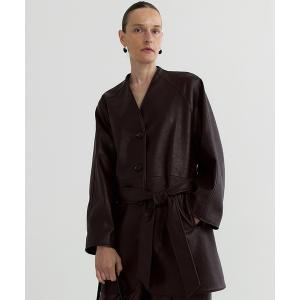 コート アウター ノーカラーシンセティックロングジャケット レディース