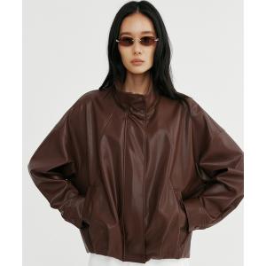 コート アウター スタンドカラーシンセティックレザージャケット レディース