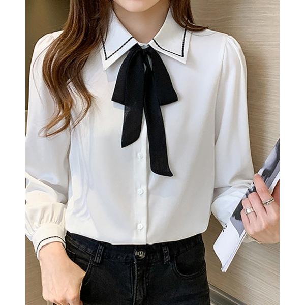 ブラウス シャツ 配色ステッチリボンブラウス レディース