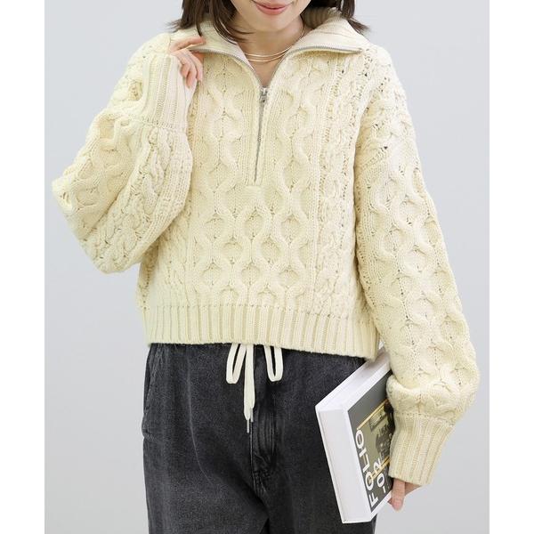 ニット セーター バルキーケーブルハーフジッププルオーバー レディース