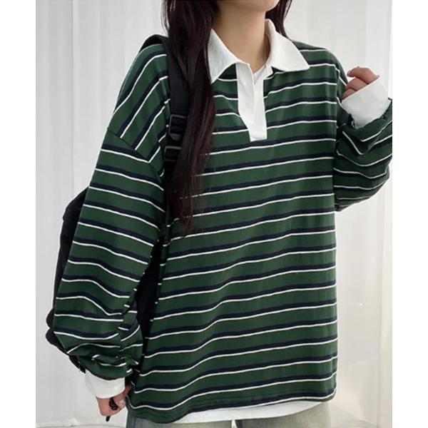 tシャツ 配色襟 ラガーシャツ風 ボーダートップス レディース