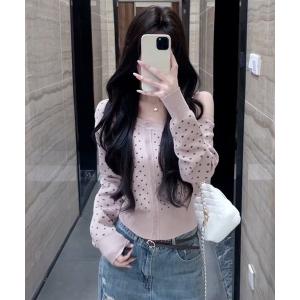 カーディガン Nia(ニア)/ワンショルダードット柄ニットカーディガン レディース