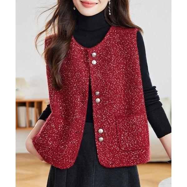 ベスト ジレ 前ボタン付きテクスチャベスト レディース