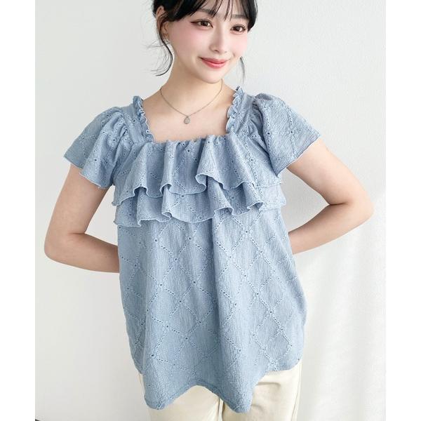 ブラウス シャツ アイレットレースフリル半袖ブラウス レディース