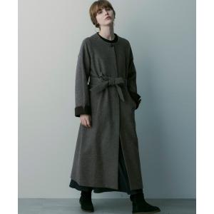 ノーカラーコート コート ヘリンボーンウールロングコート レディース