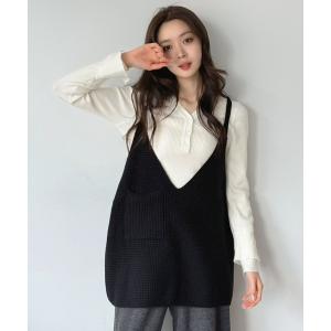 ベスト ジレ ワッフルルーズキャミニットベスト レディース