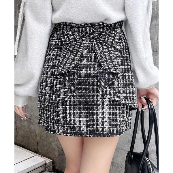 スカート バックリボンツイードタイトミニスカパン