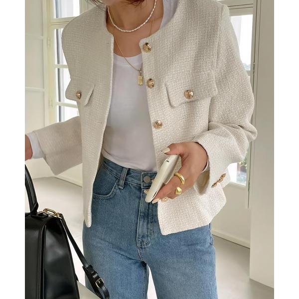 コート アウター オフィス、プライベート、オケージョンにもノーカラーツイードショートジャケット レデ...