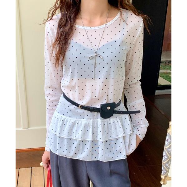 tシャツ ドット柄チュールティアードトップス レディース