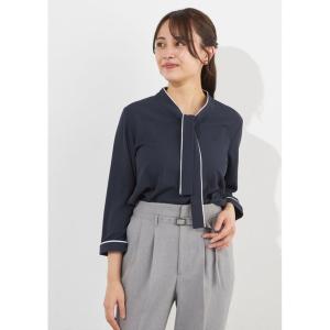 ブラウス シャツ 「SILVER LINE/7分袖」配色ボウタイプルオーバー「ウォッシャブル」「ストレッチ」「防シワ」「UV加工」「静電気防止」 レディース