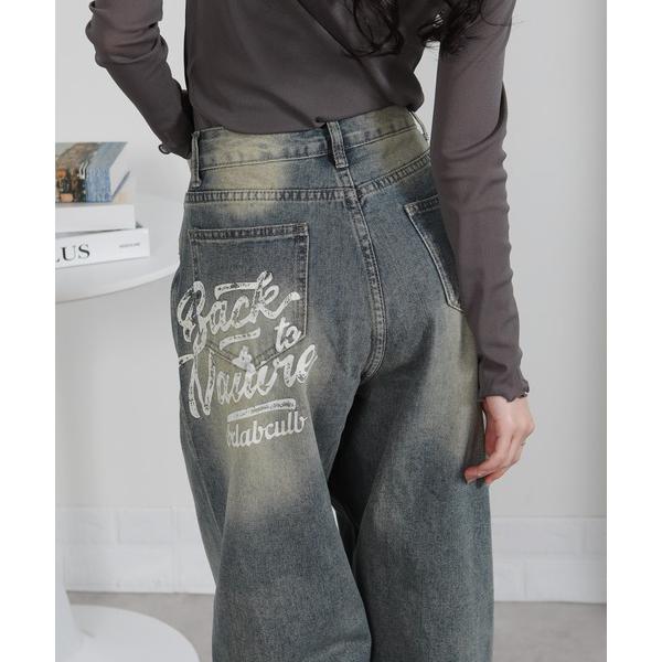 ジーンズ デニム デニムパンツ ロゴペイント デニムワイドルーズパンツ レディース