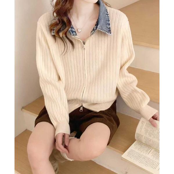 カーディガン デニム襟がアクセントのジップアップリブニット レディース