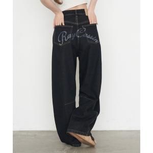 ジーンズ デニム デニムパンツ 「2サイズ展開 / ウエスト調節可」バックプリントバレルデニムパンツ レディース