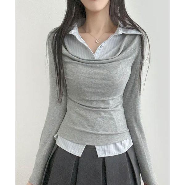 tシャツ ドレープネック 襟付きシャツドッキング トップス レディース