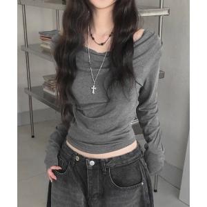 tシャツ 「春夏新作」胸元ドレープサイドギャザー入りカットトップス レディース