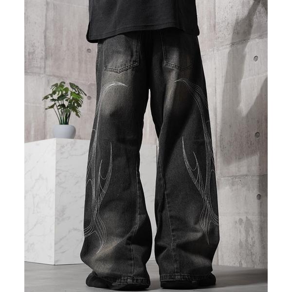 ジーンズ トライバル刺繍 カーブパンツ / Tribal Embroidered Curved Pa...