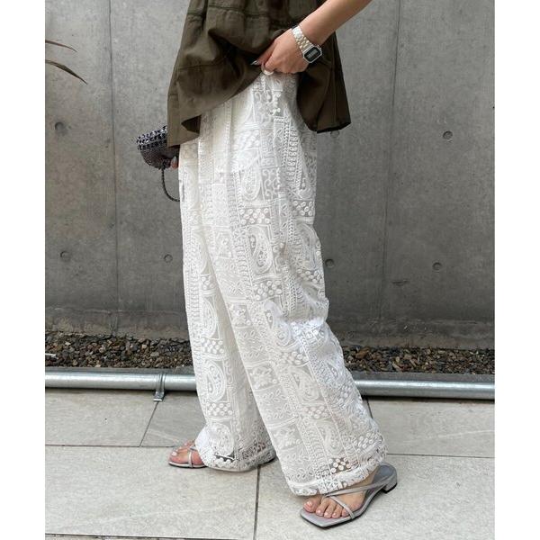 パンツ 「3サイズ展開」ボタニカルワイドイージーレースパンツ レディース