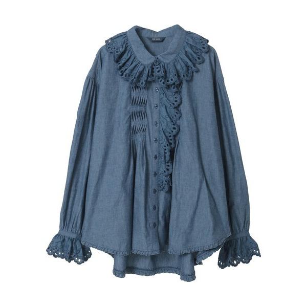 ブラウス シャツ スカラップレース使いダンガリーシャツブラウス レディース