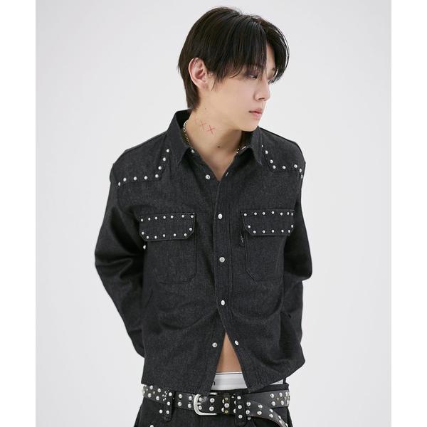 シャツ スタッズデザイン短丈デニムシャツ メンズ レディース