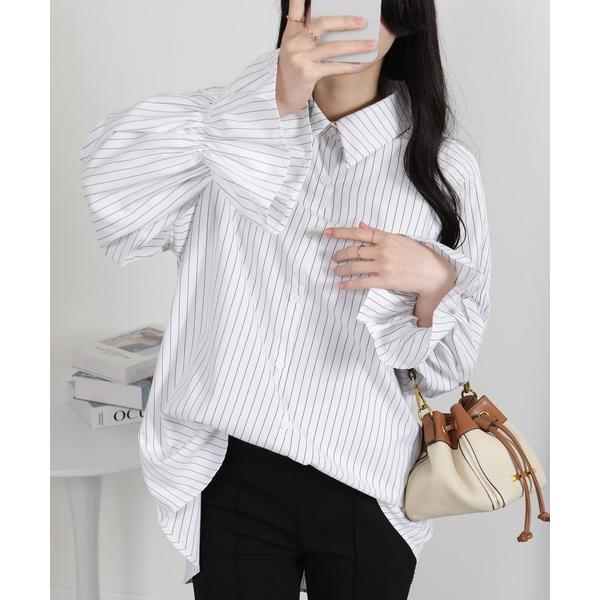 ブラウス シャツ ビッグサイズ ロング丈 袖シャーリング シャツブラウス レディース
